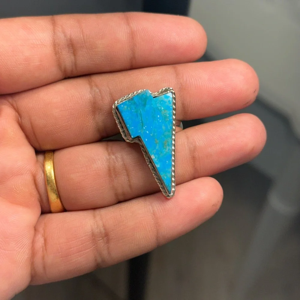 Turquoise Thunderbolt Ring Size 8 925 Sterling Silver Handmade Statement